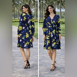 Halogen Wrap Dress L Large Floral Long Sleeve Blue Purple Yellow Washable NEW